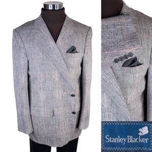 VTG Stanley Blacker Sport Coat Jacket Blazer Plaid Gray Two Button Sz 46R EUC